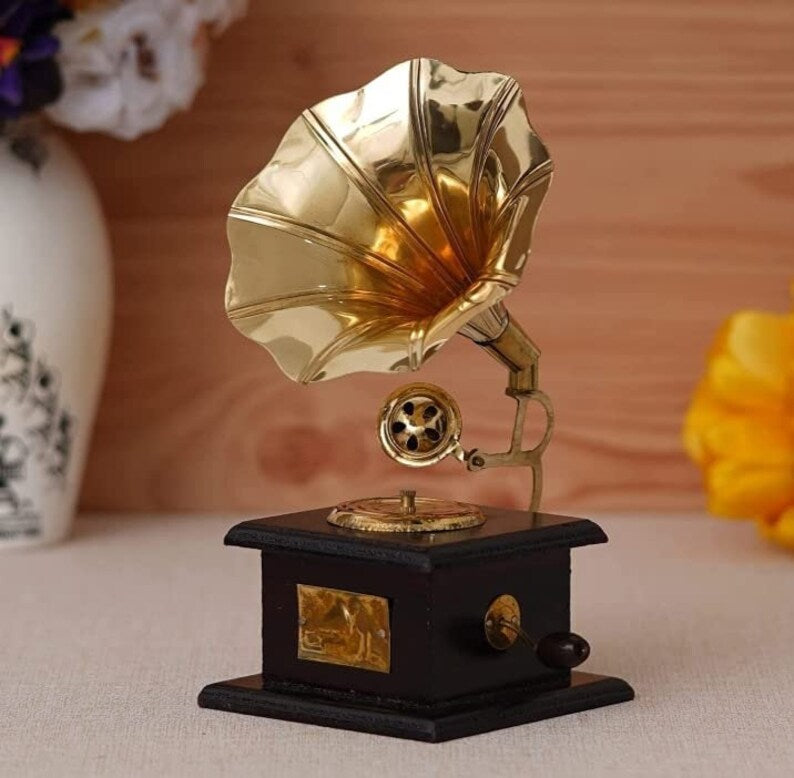 Handmade Antique Brass & Wooden Gramophone